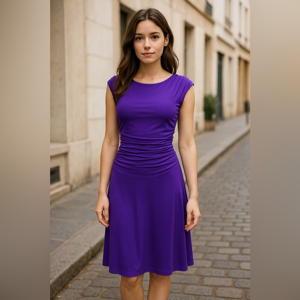 Enfocus Studio Purple Ruched Cap Sleeve Midi Dress